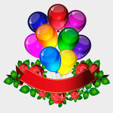 Doğum günü partisi vektör geçmişi - renkli şenlik balonları, gül çiçekleri, kutlama kartı için uçan kurdeleler izole edilmiş beyaz arka planda senin için yer var.