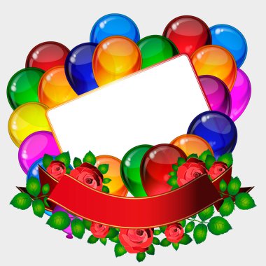 Doğum günü partisi vektör geçmişi - renkli şenlik balonları, gül çiçekleri, kutlama kartı için uçan kurdeleler izole edilmiş beyaz arka planda senin için yer var.