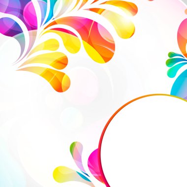 Beyaz arka planda soyut renkli desenli yay atma deseni. Şeffaf renkli damlalar ve daire tasarım kartı. Vektör illüstrasyonu. 