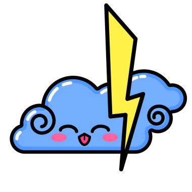 Kawai Bulutu, şimşek. İşaret, sembol, ağ ögesi. Sosyal medya ikonu. İş konsepti. Dövme şablonu. Çizgi çalışması. Web sitesi resim grafiği.