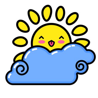 Kawai Sun, Bulut. İşaret, sembol, ağ ögesi. Sosyal medya ikonu. İş konsepti. Dövme şablonu. Çizgi çalışması. Web sitesi resim grafiği.