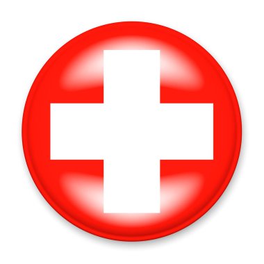 İsviçre bayrağı yuvarlak bir düğme şeklinde ışık ve gölge şeklinde. Bağımsızlık Günü sembolü, bir hatıra, sitedeki dili değiştirmek için bir düğme, bir simge.