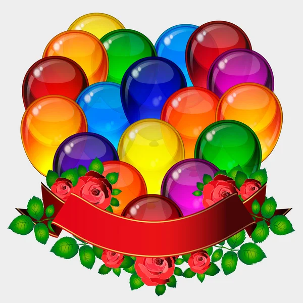 Fundo Vetor Festa Aniversário Balões Festivos Coloridos Flores Rosas Fitas — Vetor de Stock