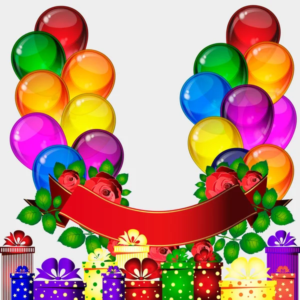 Fête Anniversaire Fond Vectoriel Ballons Colorés Fête Fleurs Roses Rubans — Image vectorielle