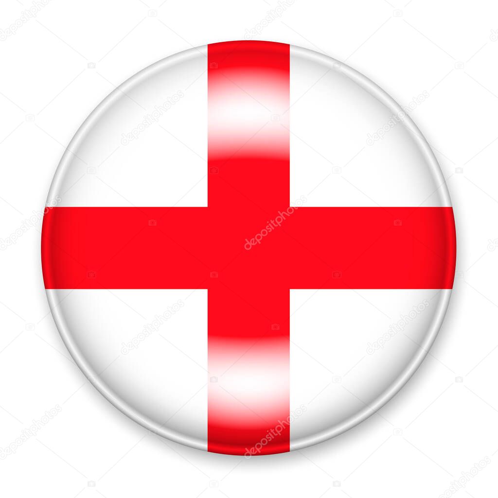 Flag of England in the form of a round button with a light glare and a shadow. 