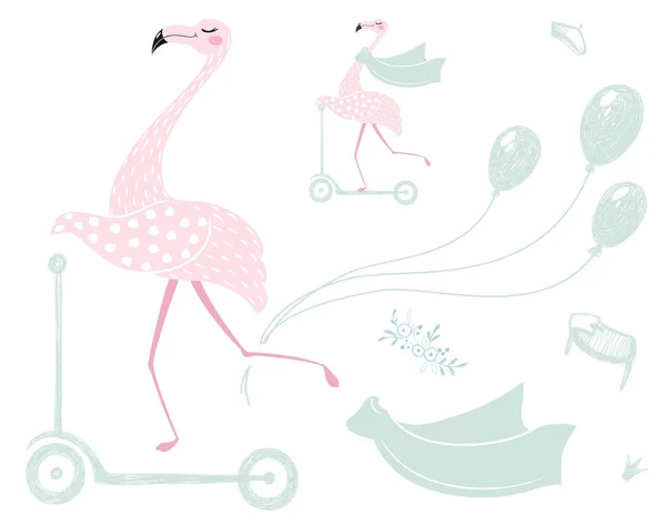 Flamingo auf Roller — Stockvektor