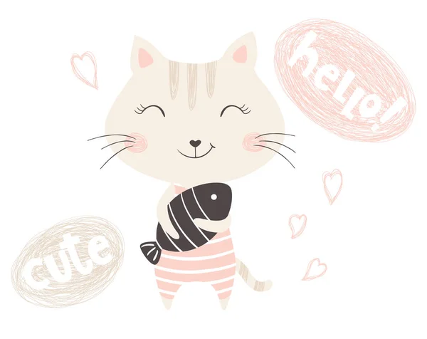 Cute kitty met vis — Stockvector