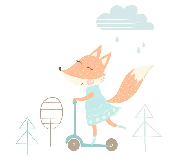 Cute fox on scoter — Stock Vector