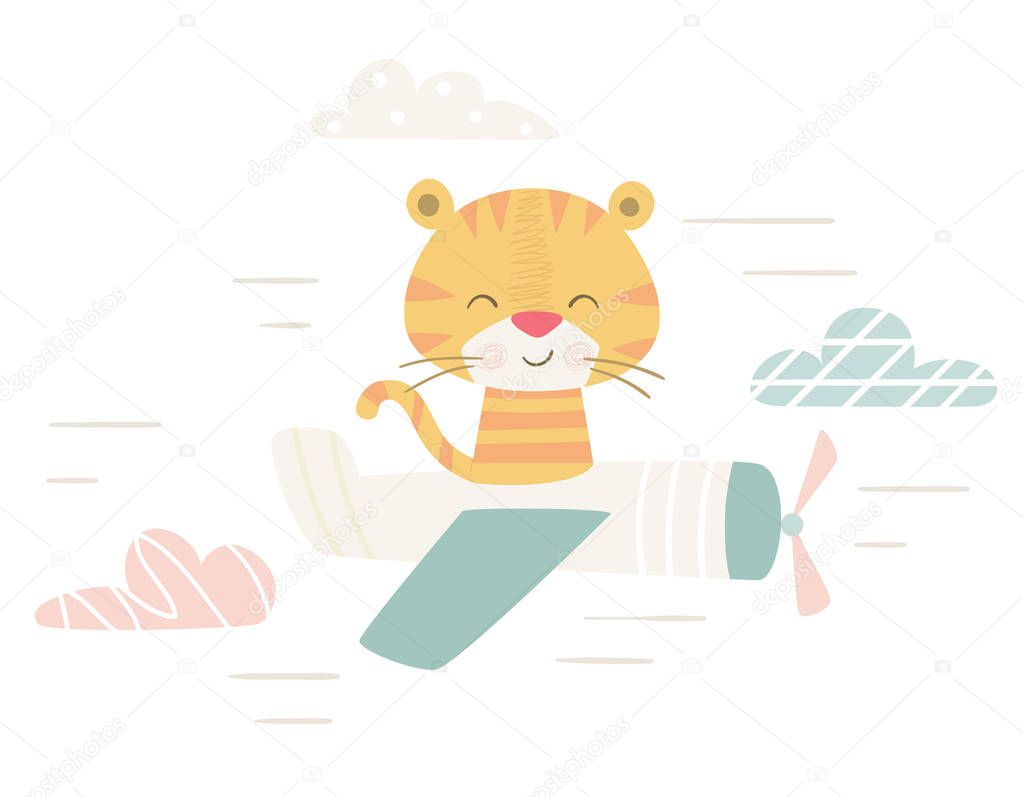 Tiger baby flying in plane cute print. Sweet animal aviate airplane fashion child vector. Cool illustration for nursery t-shirt, kids apparel, invitation, simple scandinavian child design