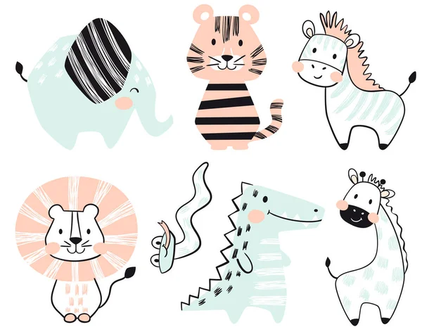 Cocodrilo, elefante, tigre, cebra, león, jirafa, serpiente bebé lindo print set . — Vector de stock