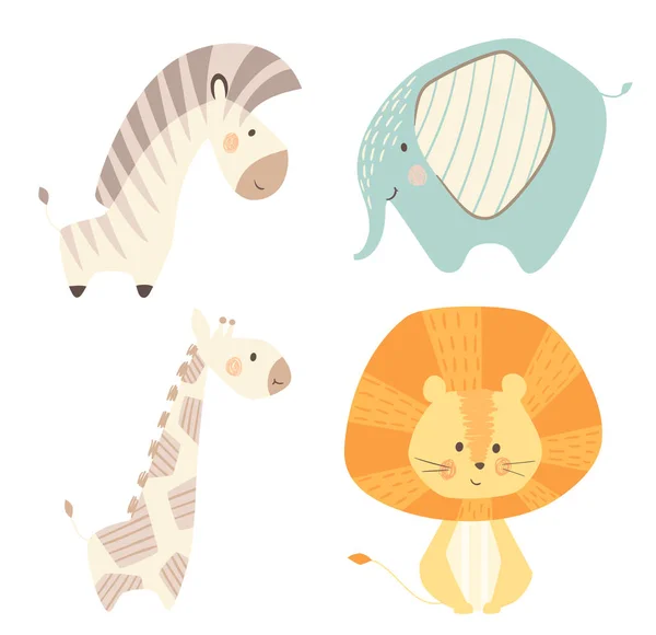 Λιοντάρι καμηλοπάρδαλη, ζέβρα, σετ εκτύπωσης χαριτωμένο μωρό ελέφαντας. Γλυκό ζωολογικό κήπο των ζώων. — Διανυσματικό Αρχείο