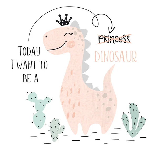 Dinosaurie baby flicka söt print. Söta dino prinsessa med krona. Cool brachiosaurus illustration — Stock vektor