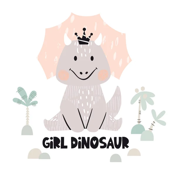 Δεινόσαυρος μωρό κορίτσι χαριτωμένο εκτύπωσης. Dino γλυκιά πριγκίπισσα με στέμμα. Δροσερό triceratops εικονογράφηση — Διανυσματικό Αρχείο