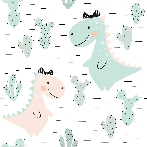 Dinosaur baby girl seamless pattern. Sweet dino princess with bow. Scandinavian cute print. — Stock Vector