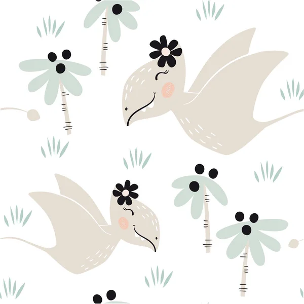 Dinosaur baby girl seamless pattern. Sweet dino princess with flower. Scandinavian cute print. — Stock Vector