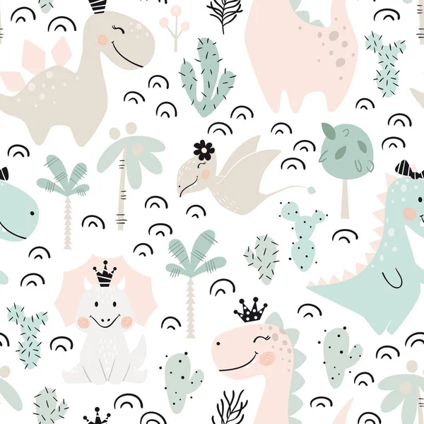 Dinosaur baby girl seamless pattern. Sweet dino princess with crown. Scandinavian cute print. — Stock Vector