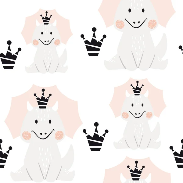 Dinosaur baby girl seamless pattern. Sweet dino princess with crown. Scandinavian cute print. — Stock Vector