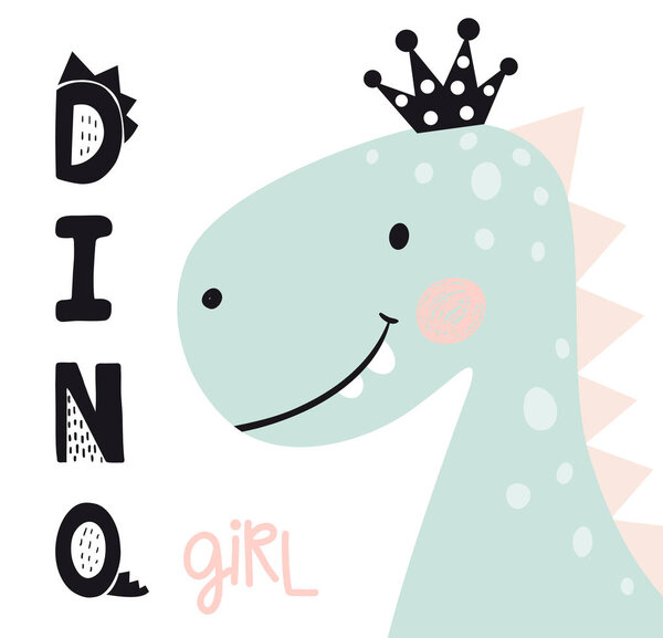 Dinosaur baby girl cute print. Sweet princess with bow. Dino girl slogan