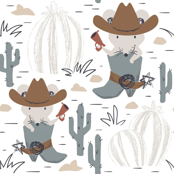 Western mouse baby seamless pattern. Wild west animal with hat, boot, gun. — Stock Vector