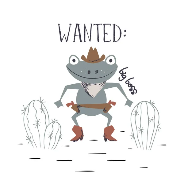 Western frog duel cute print. Wild west animal with hat, boot, gun. — Stock Vector