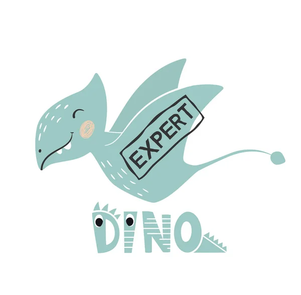 Dinossauro bebê menino bonito impressão. Slogan de especialista em Dino e letras . — Vetor de Stock