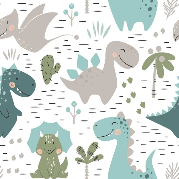Dinosaur baby boy seamless pattern. Sweet dino with palm and cactus — Stock Vector