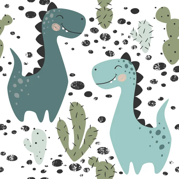 Dinosaurie baby pojke sömlösa mönster. Söta dino med cactus. Skandinaviska söt print. — Stock vektor