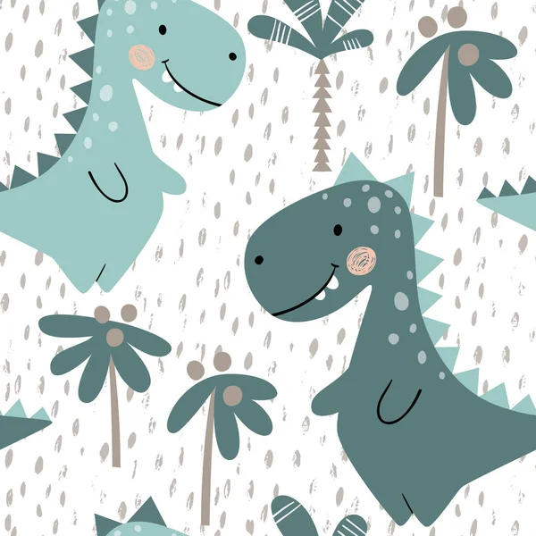 Dinosaur baby boy seamless pattern. Sweet dino with palm. Scandinavian cute print. — Stock Vector