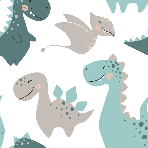 Dinosaur baby boy seamless pattern. Sweet dino with palm and cactus. Scandinavian cute print. — Stock Vector