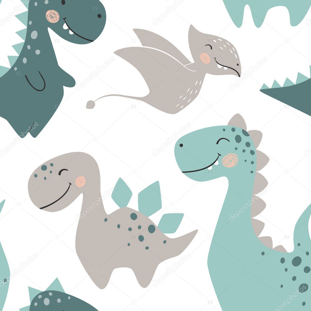 Dinosaur baby boy seamless pattern. Sweet dino with palm and cactus. Scandinavian cute print.