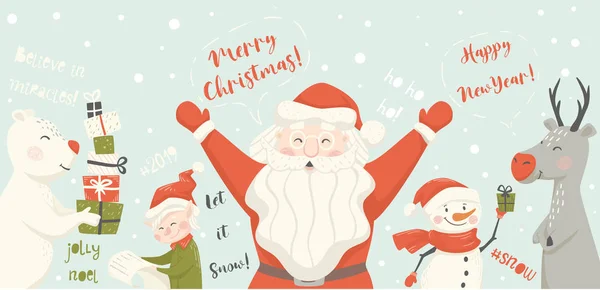 Santa Claus, rendieren, Beer, sneeuwpop, elf Scandinavische banner. — Stockvector