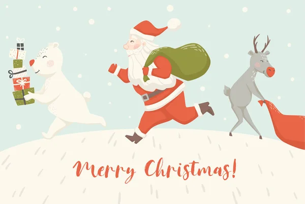 Ejecutar renos Santa Claus, y oso con caja de regalo y bolsa de tarjeta escandinava . — Vector de stock