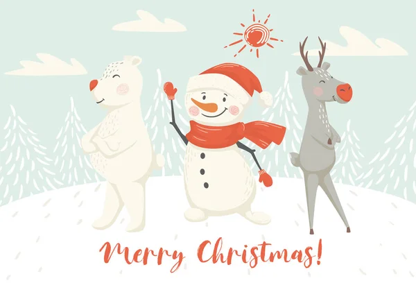 Reno de Navidad, muñeco de nieve y oso tarjeta escandinava. Saludo de año nuevo — Vector de stock