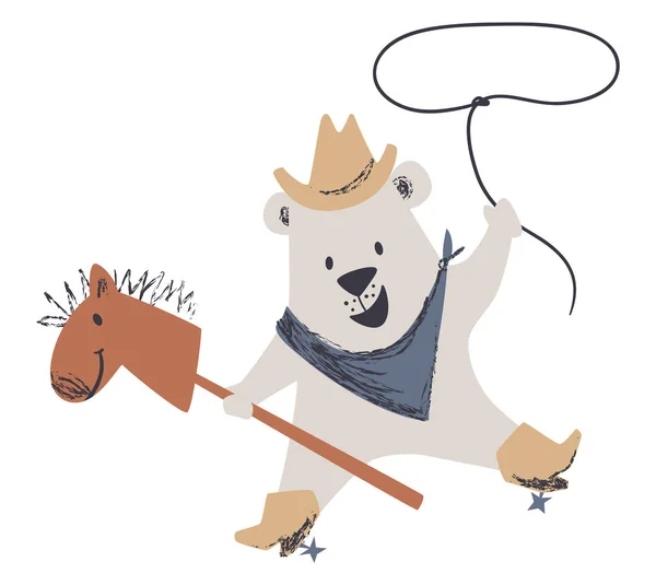 Západní medvěd baby ride koně roztomilý tisk. Divoký západ zvíře s kloboukem, boot, laso lano. — Stockový vektor