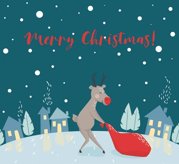 Reno arrastra tarjeta escandinava bolsa de regalo de Santa. Navidad y Año Nuevo carácter . — Vector de stock
