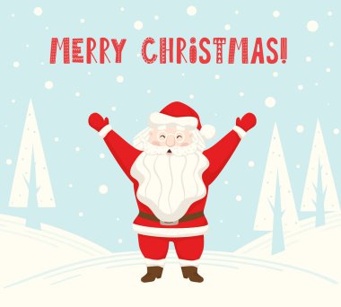 Noel Baba ağırlıyor birisi İskandinav kartı. Yeni yıl. Neşeli Noel sloganı. Kış manzara vektör çizim için yeni yıl eğlencesi daveti, tatil tasarım, satışı büyük başlığı