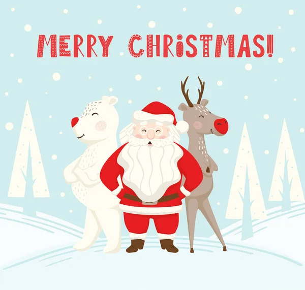 Jultomten renar och Björn skandinaviska kortet — Stock vektor