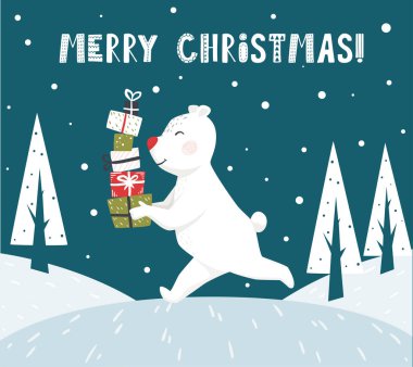 Kutup ayısı hediye kutusu İskandinav kartı ile çalıştırın. Yeni yıl.