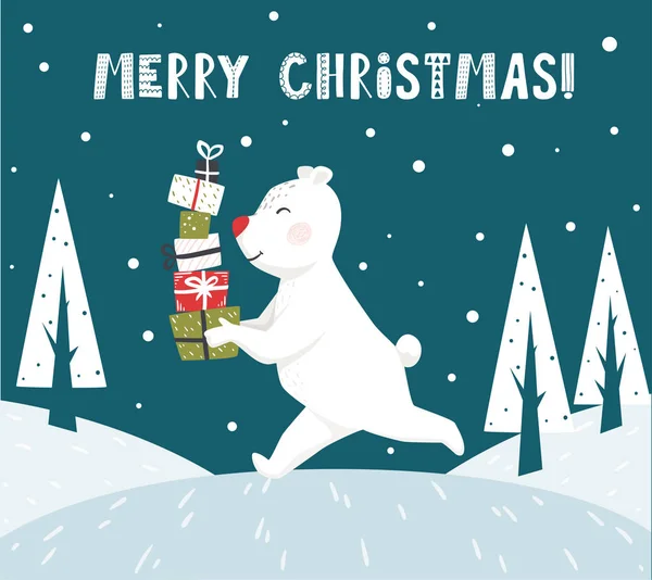 Run polar bear with gift box scandinavian card. New year. — Stock Vector