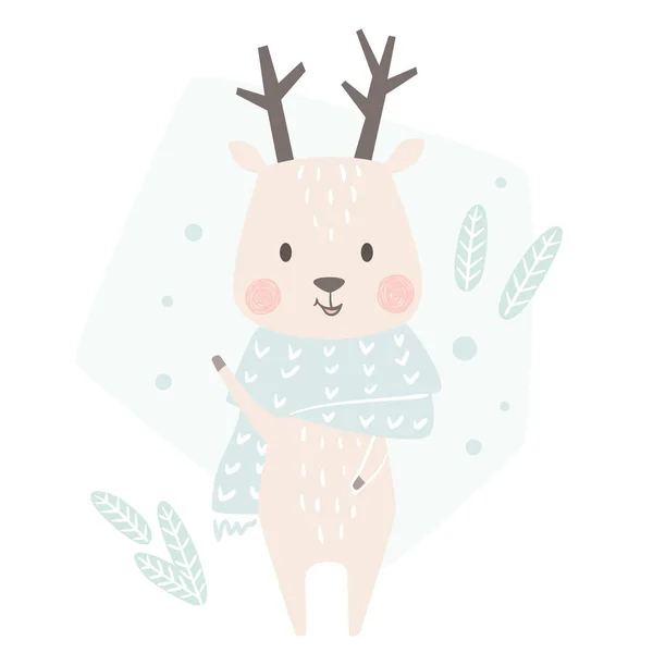 Ciervo bebé impresión de invierno. Lindo animal en la tarjeta de Navidad bufanda caliente . — Vector de stock