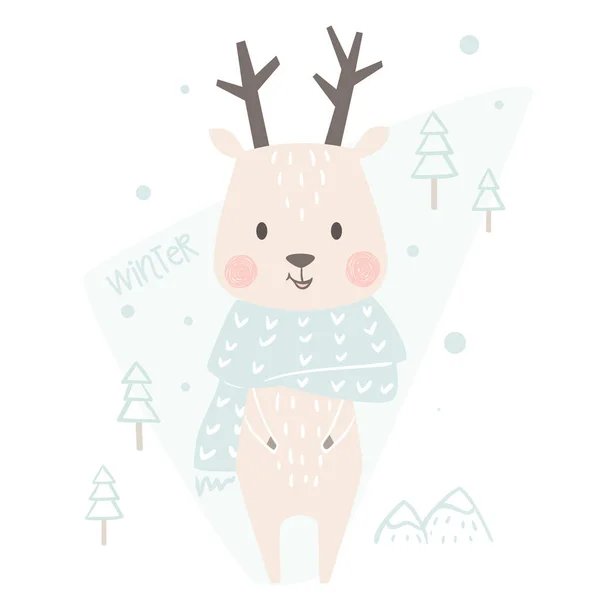 Deer baby winter print. Cute animal in warm scarf christmas card. — Stock Vector