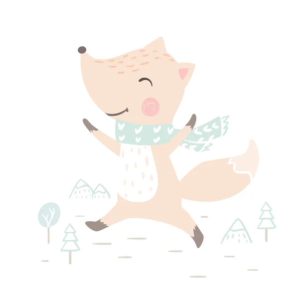 Fox Dětská zimní tisk. Roztomilé zvíře v teplá šála vánoční přání. — Stockový vektor