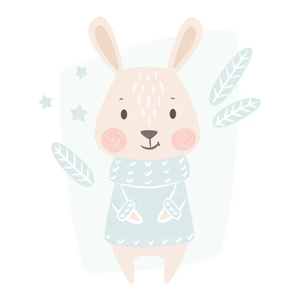 Bunny baby zimní tisk. Roztomilé zvíře v Teplý svetr vánoční přání. — Stockový vektor
