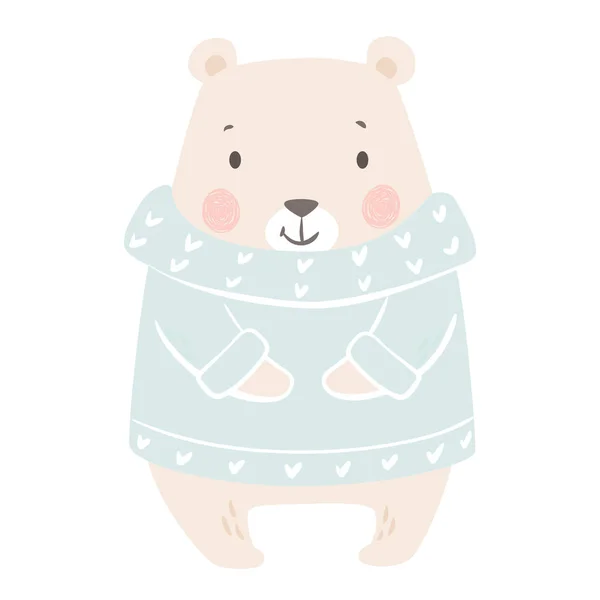 Medvěd baby zimní tisk. Roztomilé zvíře v Teplý svetr vánoční přání. — Stockový vektor