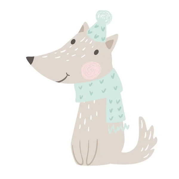オオカミの赤ちゃん冬印刷。暖かいスカーフとハットのクリスマス カードでかわいい動物. — ストックベクタ