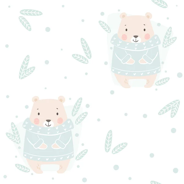 Tragen Baby Winter nahtlose Muster. niedliches Tier im warmen Pullover Weihnachten Hintergrund — Stockvektor