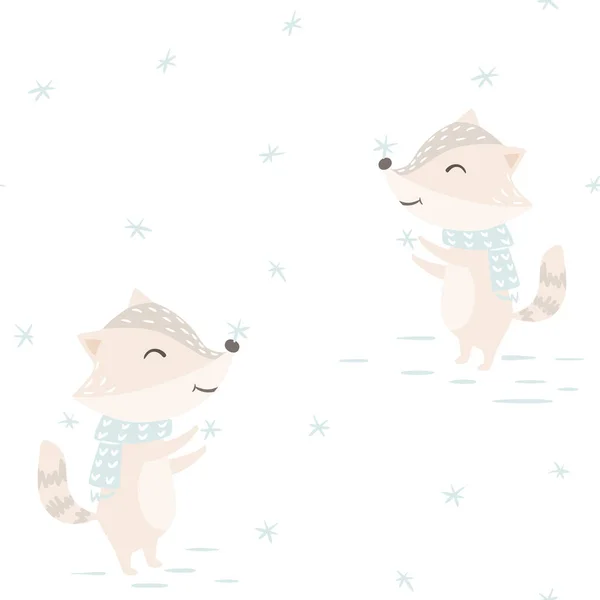 Raccoon baby zimní vzor bezešvé. Roztomilé zvíře úlovky sněhové vločky Vánoční pozadí. — Stockový vektor