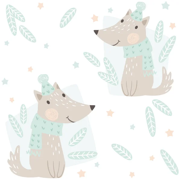 Wolf Baby Winter nahtlose Muster. niedliches Tier in warmen Schal Weihnachten Hintergrund — Stockvektor