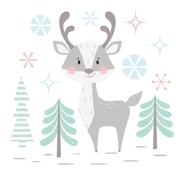 Deer baby winter print. Cute animal in snowy forest christmas card. — Stock Vector