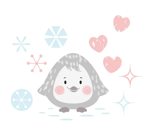Pingüino bebé estampado de invierno. Lindo animal con tarjeta de Navidad de copo de nieve . — Vector de stock